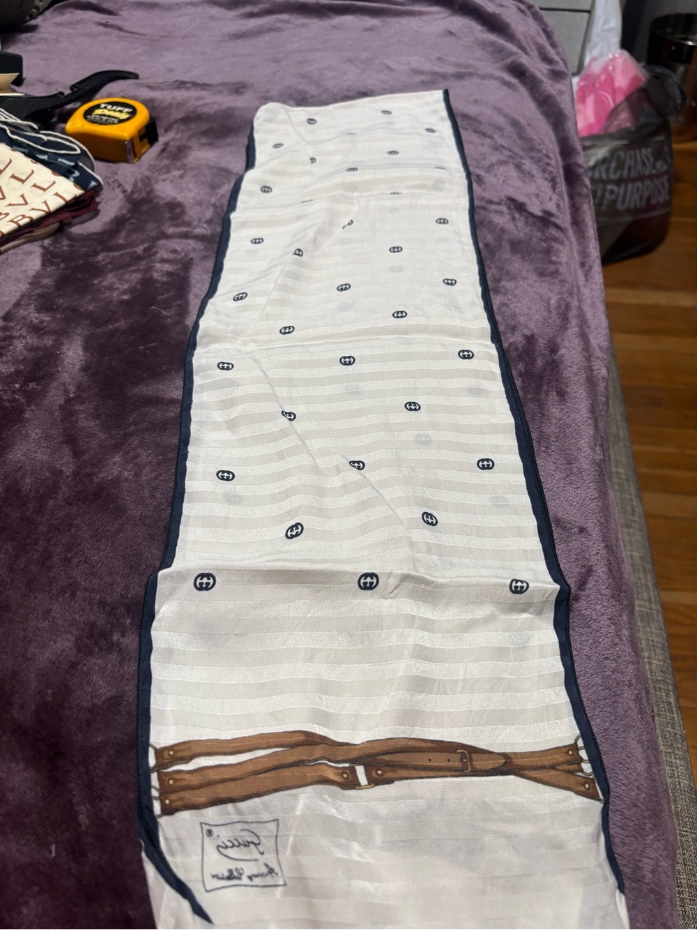 Gucci Ivory Scarf with Brown Belt Print and Navy Trim